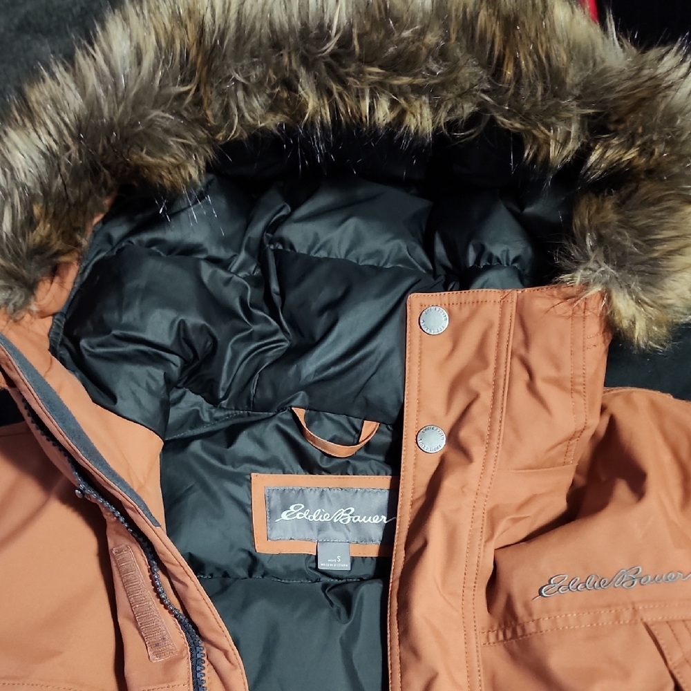 Eddie Bauer Mens' Tan Puffer Jacket with Faux Fur Hood